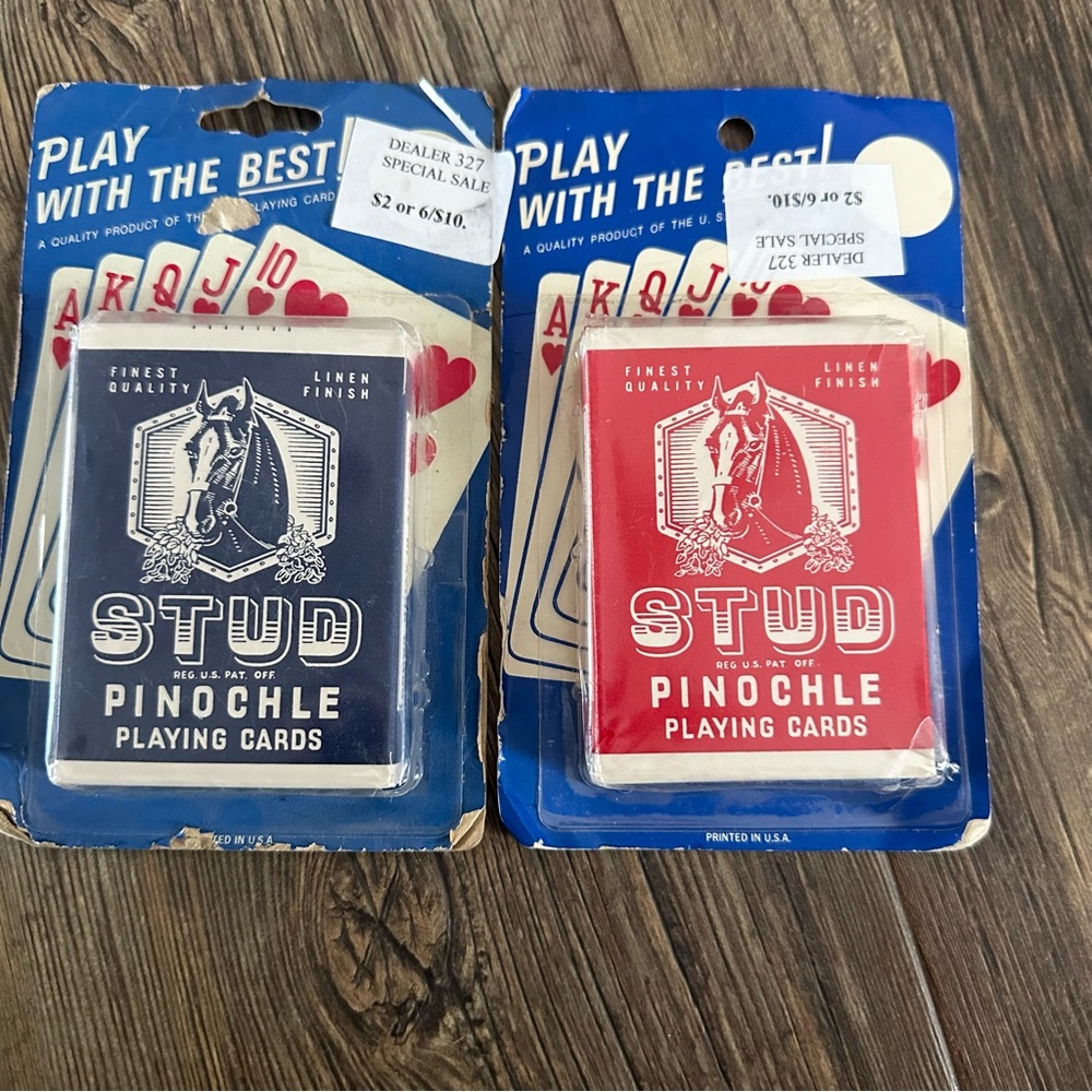 STUD Pinochle vintage playing cards 2 decks red and blue USA made linen finish